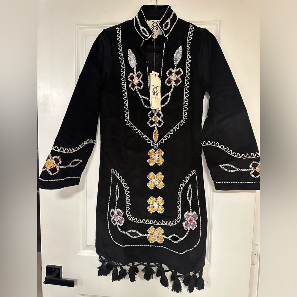 NWT Figure Embroidered Black Tunic with Floral Accents